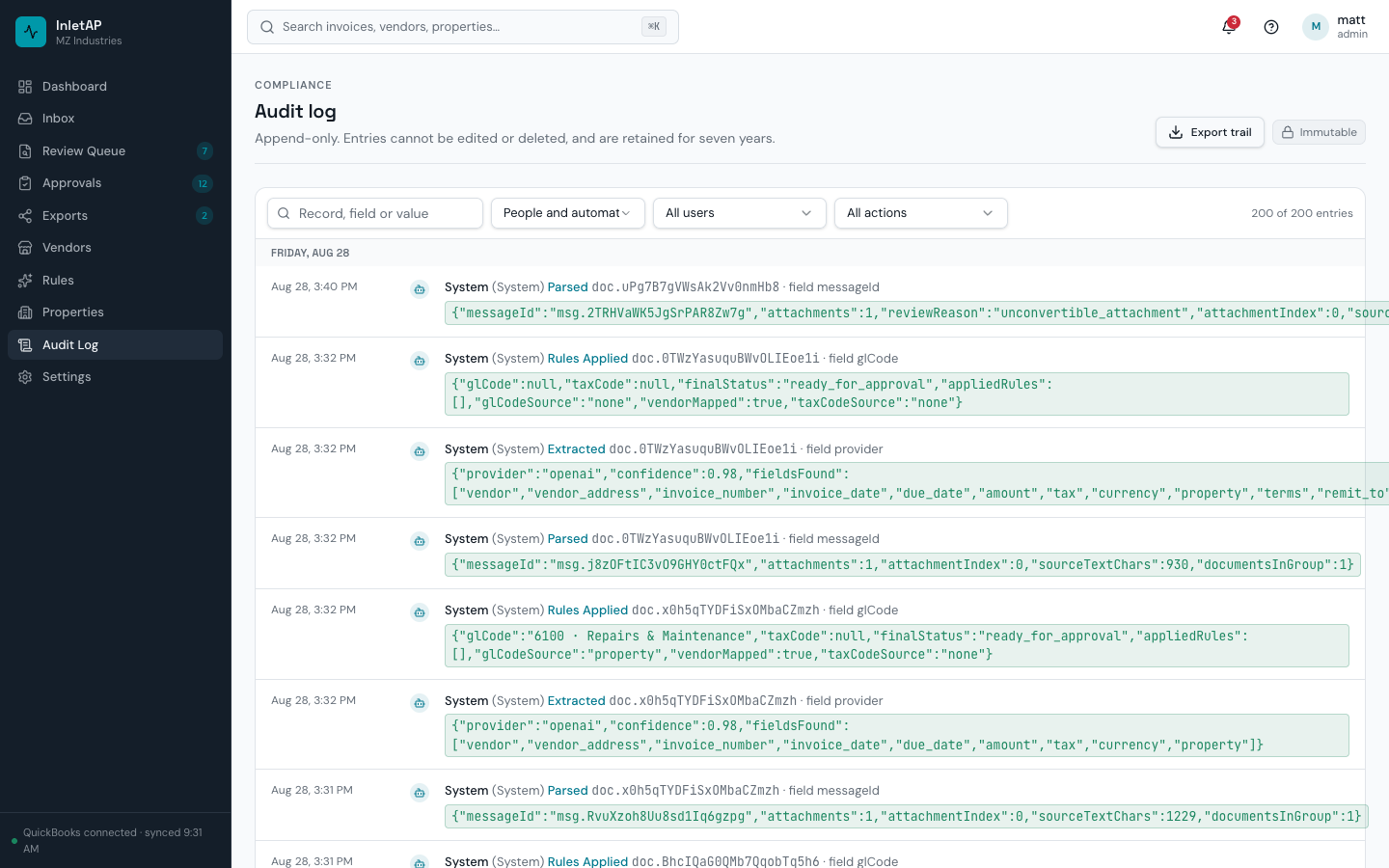 The audit log timeline, showing parsed, extracted, rules applied, approved and exported entries with the actor for each.