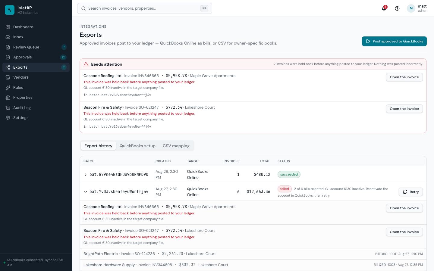 Export history with a failed batch expanded, showing the per-invoice rejection reason and a retry control.