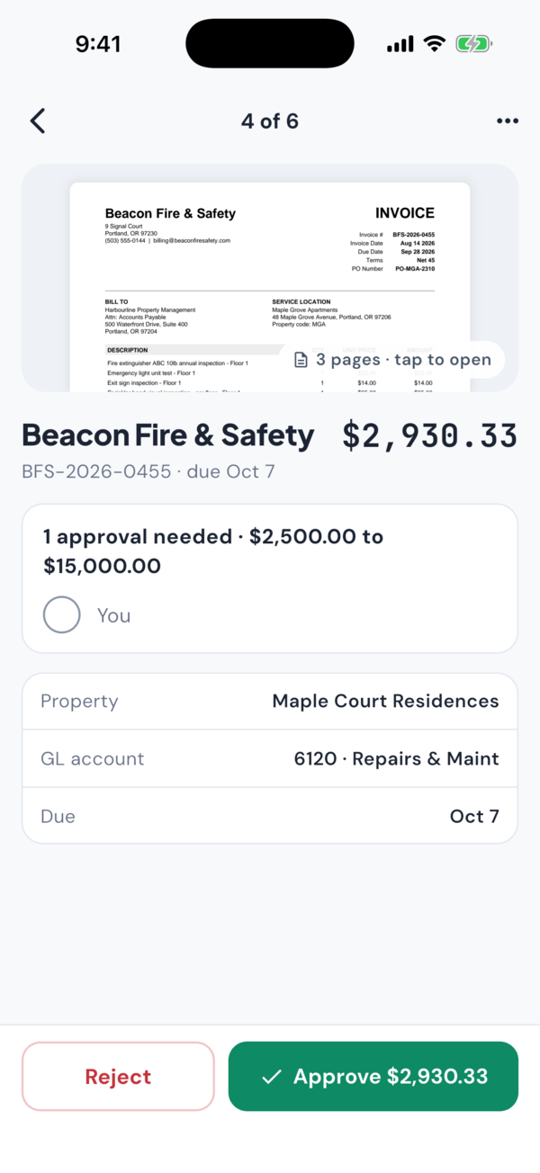 One bill waiting for approval in the inletAP iPhone app: the invoice page at the top, Beacon Fire & Safety for $2,930.33, the approval tier, the property, GL account and due date, and the buttons Reject and Approve $2,930.33.