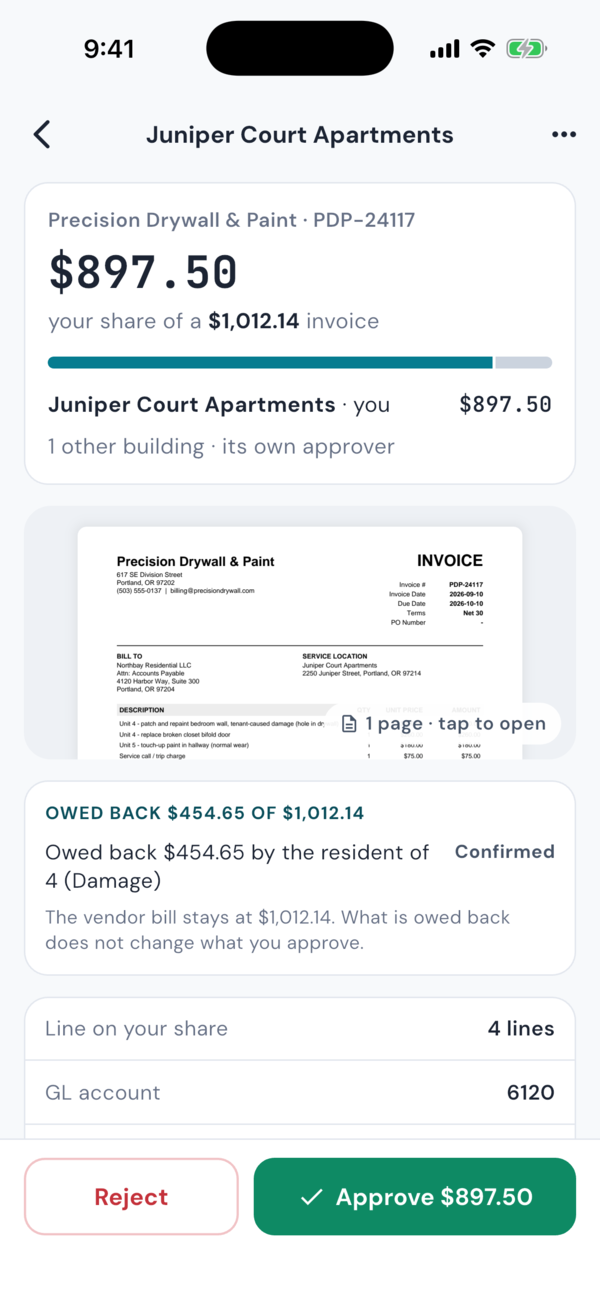 A board member's view in the inletAP iPhone app: $897.50, their share of a $1,012.14 Precision Drywall & Paint invoice for Juniper Court Apartments, the other building with its own approver, what is owed back, and the buttons Reject and Approve $897.50.