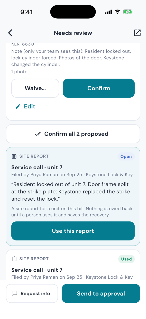 The Owed back section of an invoice in the inletAP iPhone app: a site report for unit 7, filed by Priya Raman, with its note in quotes, the sentence that nothing is owed back until a person uses it and saves the recovery, and the button Use this report.