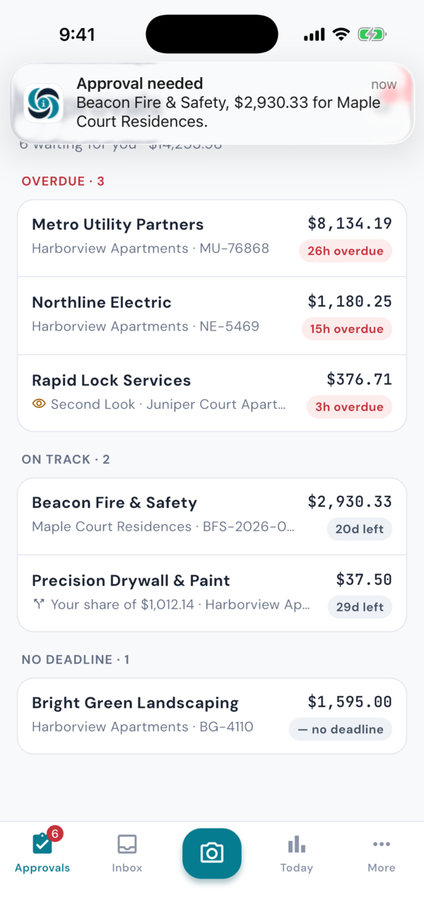 A push on the inletAP iPhone app: Approval needed, Beacon Fire & Safety, $2,930.33 for Maple Court Residences, over the Approvals list.