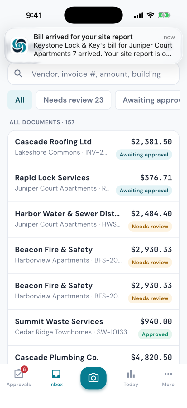 A push on the inletAP iPhone app: Bill arrived for your site report. Keystone Lock & Key's bill for Juniper Court Apartments 7 arrived, and the site report is on it.