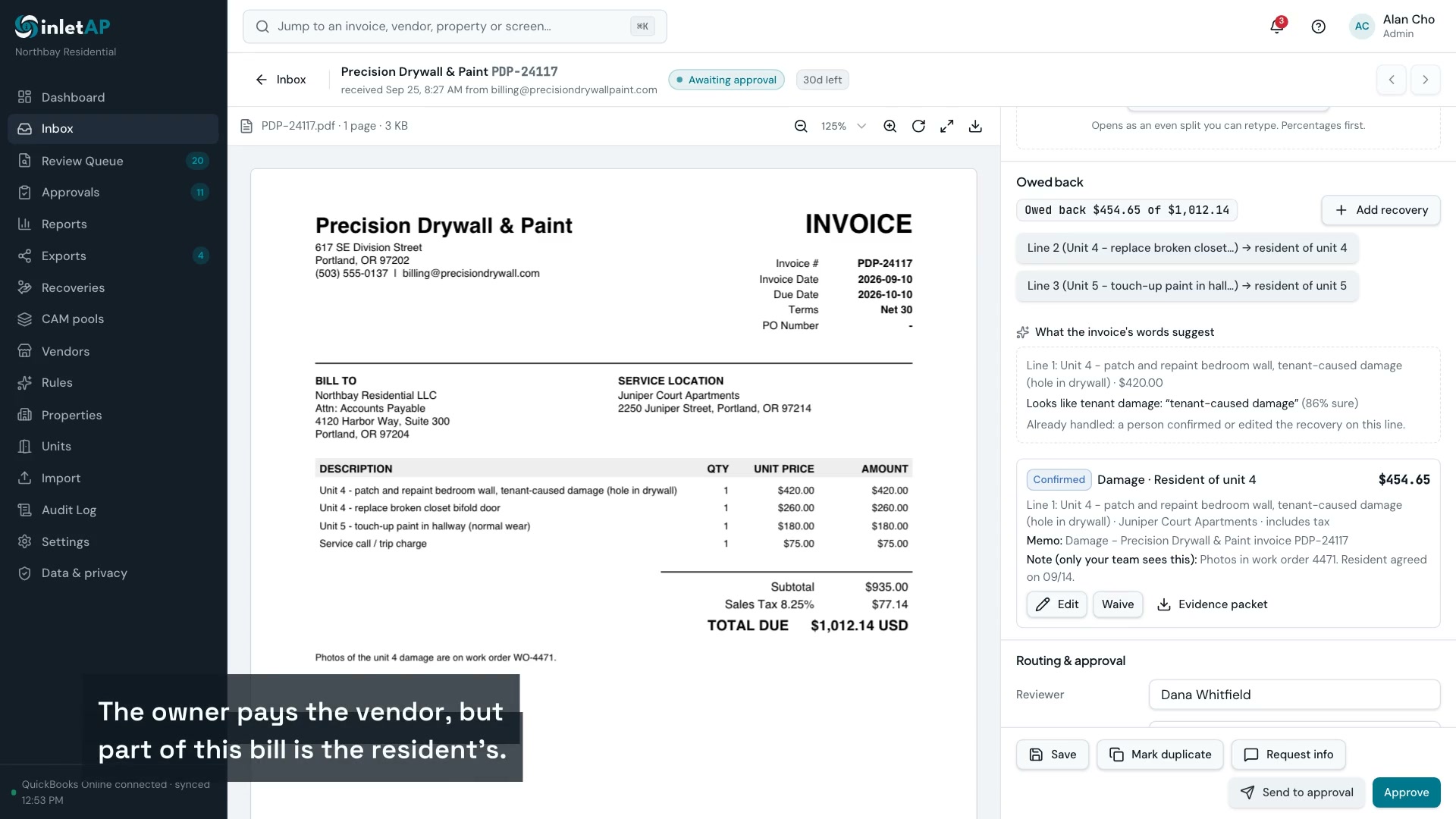 An inletAP invoice screen for a Precision Drywall & Paint invoice of $1,012.14. The Owed back panel reads “Owed back $454.65 of $1,012.14”, with a confirmed damage recovery from the resident of unit 4 and its internal note. The caption reads “The owner pays the vendor, but part of this bill is the resident's.”