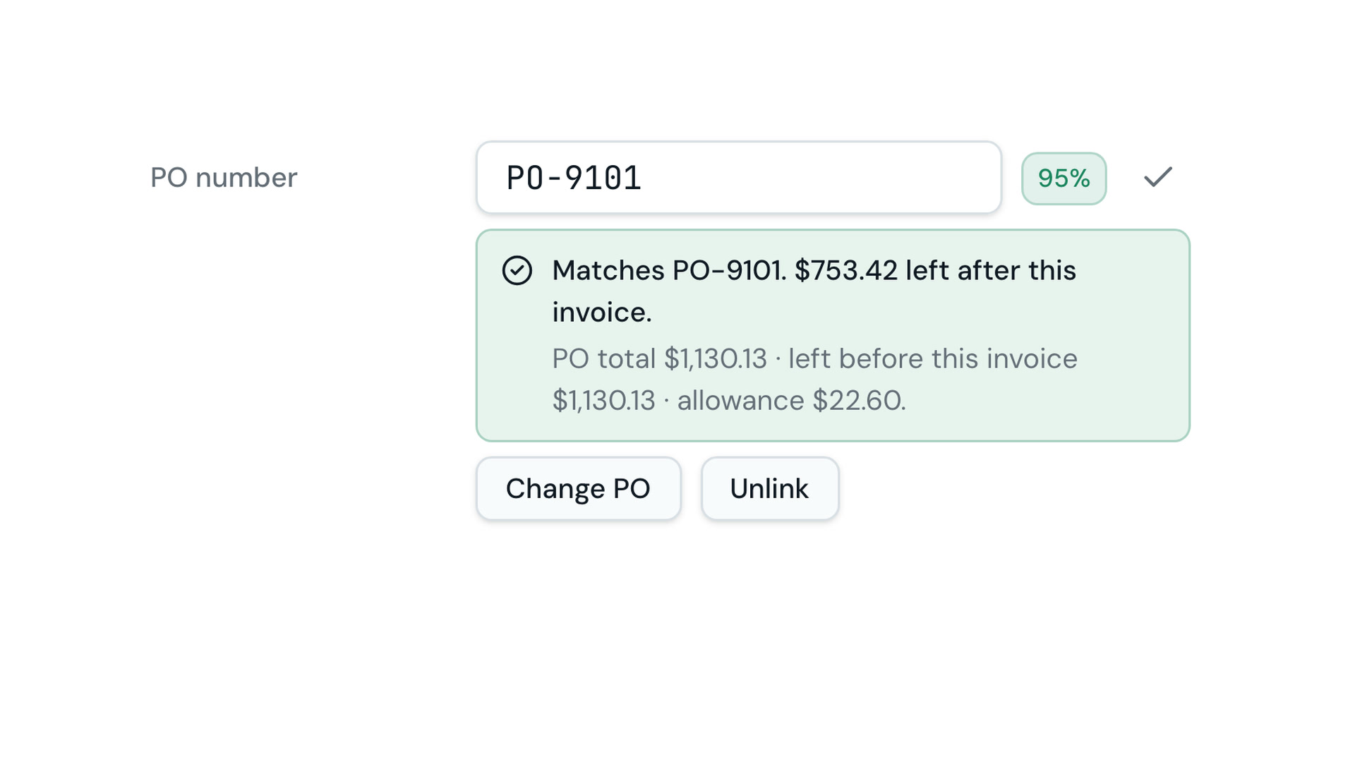 A close view of the PO number field on an inletAP invoice screen. It reads PO-9101, and the line under it says “Matches PO-9101. $753.42 left after this invoice.”